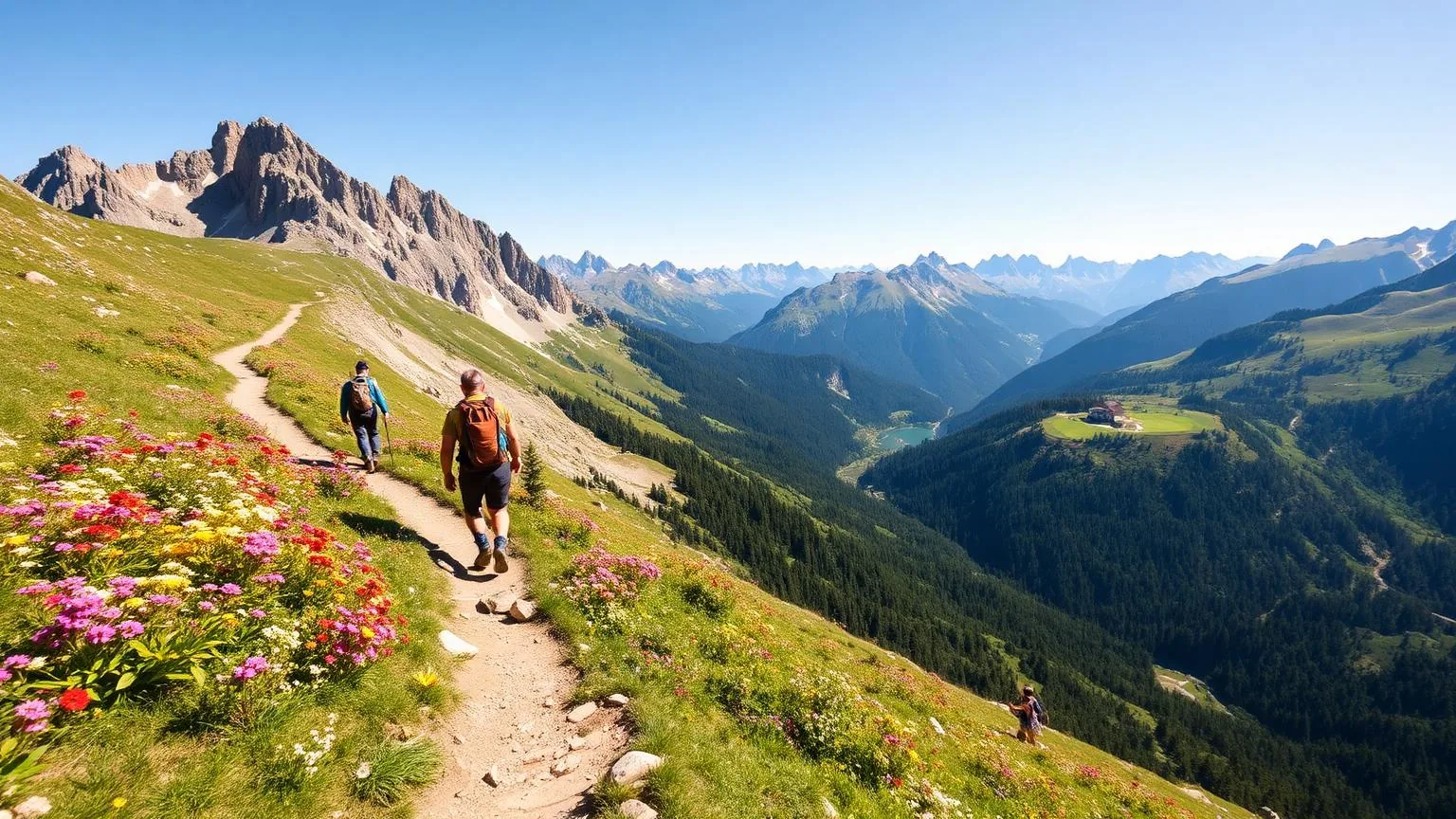 Wandelaars op een bergpad tussen bloemenweides in de Alpen