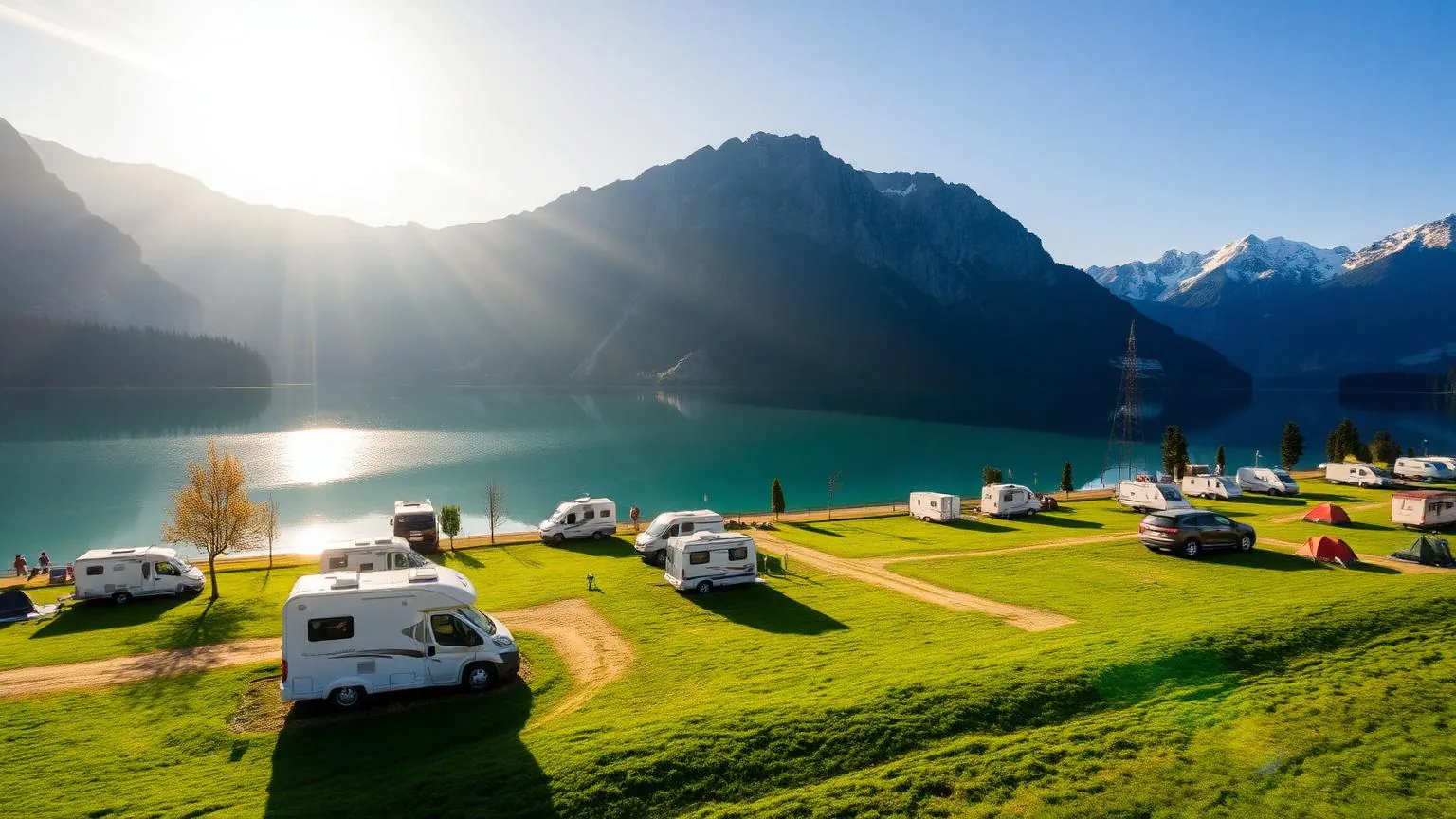 Camping aan een Oostenrijks bergmeer met tenten en campers