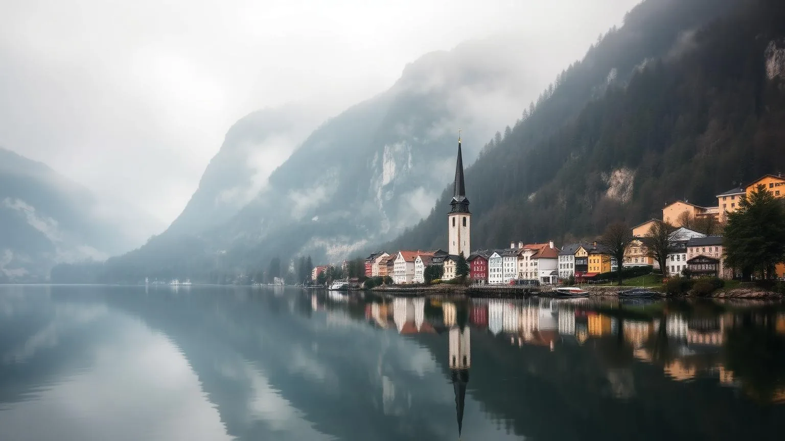Het iconische uitzicht over het meer op het dorp Hallstatt